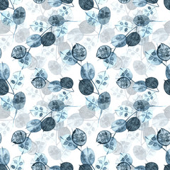 Watercolor seamless pattern with blue dried leaves. Ideal for printing onto fabric, home textile, vintage pattern on a white background. delicate pattern