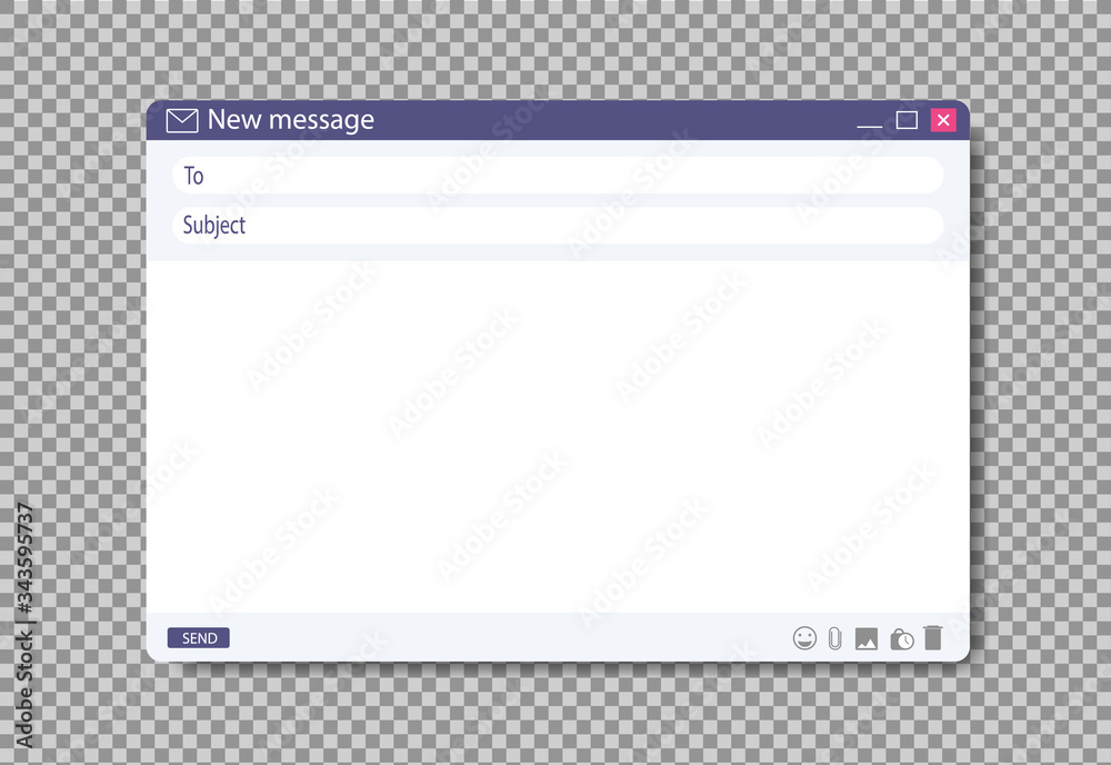 Aufkleber Email window template on browser page. Blank message layout for web design. Flat mail box with address form for user ui. Online screenshot email to send on isolated background. Search form. vector.