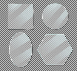 Vector acrylic glass plate mockup. Realistic rectangle, glossy window with reflection. Plastic screen with glare on transparent backround. Clear rectangle frame for wall on showcase. Isolated board.