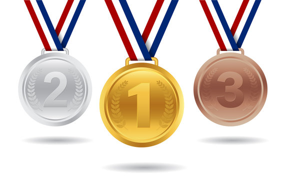 Set of gold, silver, bronze medal for award ceremony. Sport prize for first place winner. 3d champion trophy icon with ribbon on white background. 3 element of reward for victory championship. vector.