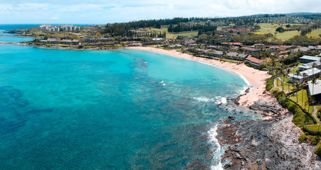 Napili bay aerial panorama.  This beach is protected by an outer reef,  and is sandy beach that is popular with swimmers, snorkellers & bathers.