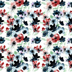 Watercolor seamless pattern, with abstract blue, scarlet anemone flowers on a white background. Ideal for printing onto fabric, web page backgrounds, social networks. Light gentle vintage pattern.