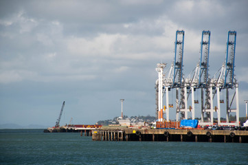 Obraz premium Large cranes used to lift heavy cargo at the Port of Auckland in New Zealand 