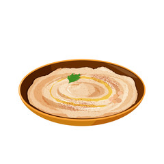 National dish of Jewish cuisine Hummus in ceramic bowl. Realistic vector illustration.