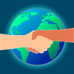 Flat vector image of a globe and a handshake. Vector image of a handshake around a globe. The international cooperation