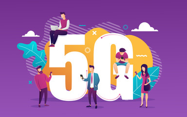 People with gadget use high-speed Internet vector illustration. 5G network wireless technology. Small man and big 5G sign.Flat cartoon style. Vector illustration EPS 10