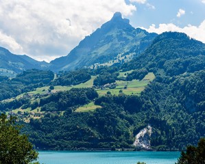 View on Walensee (Lake Walen) near Beltis, Weesen, Amden. St. Galen, Glarus, Switzerland