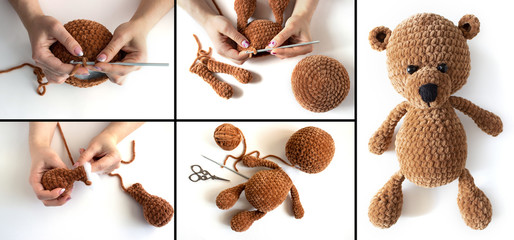Collage of the steps of knitting toy from plush yarn. Making teddy bear