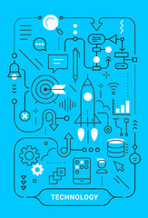 Vector creative business concept with space ship on blue background. Vertical illustration of business technology process with word.