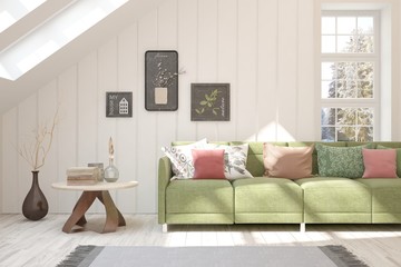 White living room with sofa. Scandinavian interior design. 3D illustration