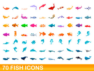 70 fish icons set. Cartoon illustration of 70 fish icons vector set isolated on white background