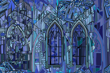 Vector seamless pattern featuring abstract fantasy colorful night Gothic city. Stained glass texture. Hand drawn. © abyrvalg_00