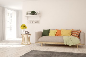 White living room with sofa. Scandinavian interior design. 3D illustration