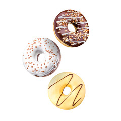 Set of flying glazed donuts with sprinkles on a white background