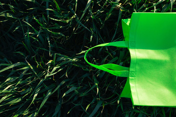 Eco bag. Bag in the green grass with space for text, flat lay.