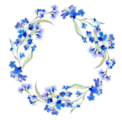 Fototapeta na wymiar Watercolor Forget-me-not blue floral frame. Watercolor blue flower for wedding invitations, babyshower, greeting cards. Wildflower illustration.