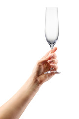 Woman hand holding empty champagne glass isolated on white.