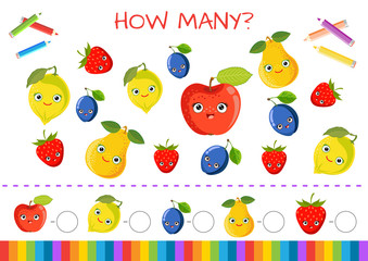 Mini-game for children: how many. Set funny of fruits and vegetables with kawaii face. Pear, apple, plum, strawberry, lemon. Vector illustration for kids.