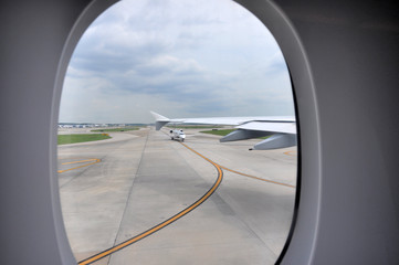 Fototapeta premium Runaway at the airport through plane window , Housto