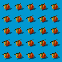 
Tangerines with green leaves on a blue background. Print Pop Art.

