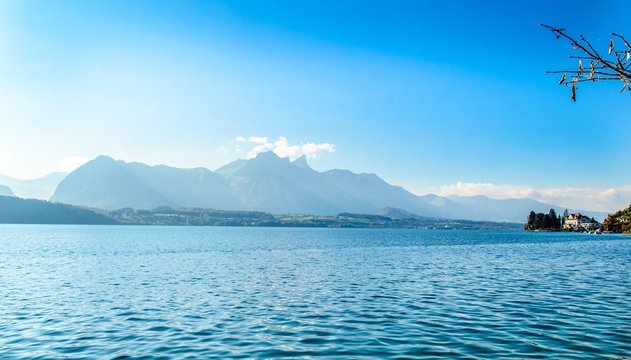 View on Thun Lake (Thunersee, Thuner See), alps mountains Stockhorn. Gunten, Canton Bern, Switzerland