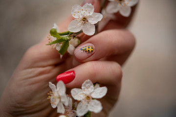 ladybug manicure in spring colors