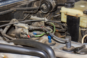 Fototapeta na wymiar old car engine, engine of an old car, supercharger of old muscule car, car engine detail
