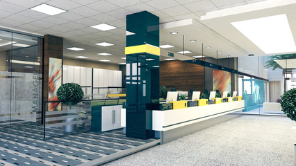open space office perspective realistic 3D rendering - obrazy, fototapety, plakaty
