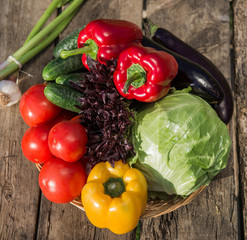 Fresh vegetables on wooden table. Market vegetable, garden.Diet concept. Healthy organic vegetarian food.