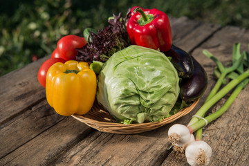 Fresh vegetables on wooden table.  Market vegetable, garden.Diet concept. Healthy organic vegetarian food. 