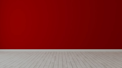 Empty room with painted red wall and white wooden floor realistic 3D rendering