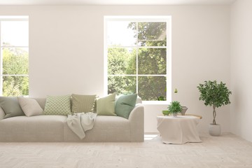 White living room with sofa and summer landscape in window. Scandinavian interior design. 3D illustration