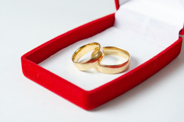 Close-up view of husband and wife  wedding rings in red gift  box isolated on a white background .