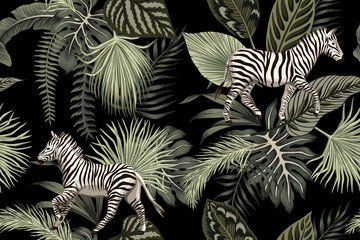 Tropical floral palm leaves, zebra animal seamless pattern black background. Exotic jungle wallpaper.