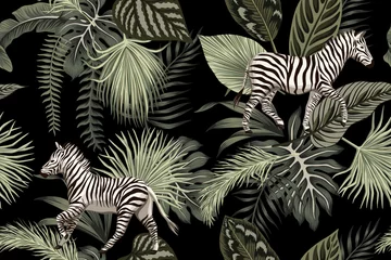 Tapeten Tropische florale Palmblätter, Zebra Tier nahtlose Muster schwarzen Hintergrund. Exotische Dschungeltapete. © good_mood