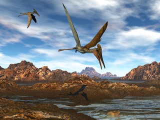 Pterodactylus flying upon water by sunset light - 3D render © Elenarts