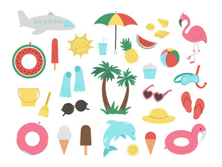 Vector set of summer clipart elements isolated on white background. Cute flat illustration for kids with palm tree, plane, sunglasses, funny inflatable rings. Vacation beach objects.