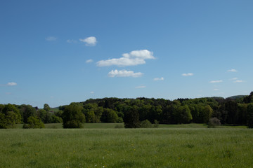 View over hilly landscape with meadows, trees and forests in spring