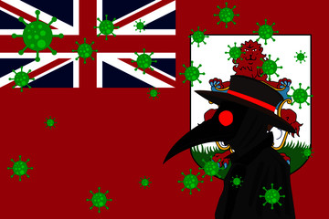 Black plague doctor surrounded by viruses with copy space with BERMUDA flag.