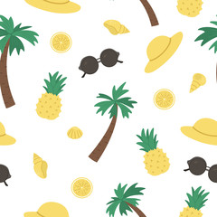 Vector seamless pattern with summer elements. Cute flat background for kids with palm tree, pineapple, sunglasses, seashells. Vacation beach texture.