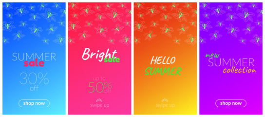Fototapeta na wymiar Vector set of vertical banners for storyboards. Bright gradient backgrounds with lilies, florals, summer sale concept, shopping, advertising.
