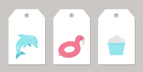 Set of vector summer gift tags, labels with dolphin, ice cream, flamingo inflatable ring. Funny vacation or holidays card templates with cute beach objects. .