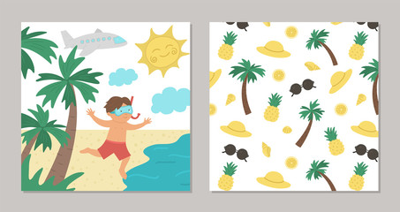 Obraz na płótnie Canvas Vector boy running to the sea. Flat tropical beach illustration with funny kid, water, palm trees, sun. Cute summer concept for kids. Funny card template