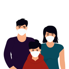 Coronavirus. COVID-19. Novel virus 2019-nCoV. Concept of quarantine, prevent infection. Family. Man, woman and boy are in protective medical face masks