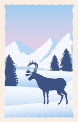 snowscape flat scene with mountains and deer