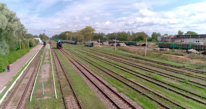 steam locomotive. ostashkov railway station. aerial