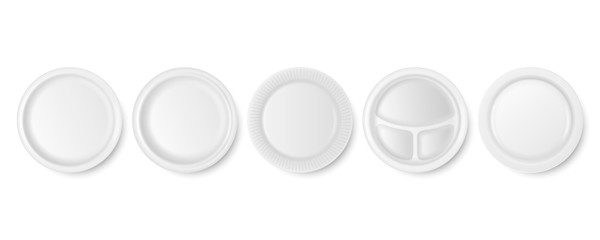 Vector 3d Realistic White Porcelain, Plastic or Paper Disposable Food Dish Plate Icon Set Closeup Isolated. Top View. Design template, Mock up for Graphics, Branding Identity, Printing, etc