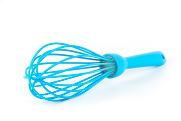 close-up blue whisk with shadows isolated on white background