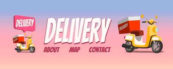 Yellow delivery scuter on Pink and Blue background. Online delivery service concept. Webpage, app design. E-commerce concept. landing page, delivery website, banner, background.