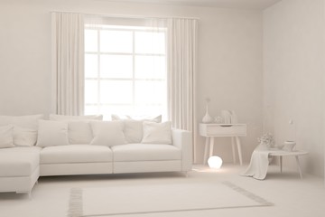 White minimalist living room with sofa. Scandinavian interior design. 3D illustration